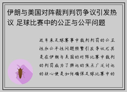 伊朗与美国对阵裁判判罚争议引发热议 足球比赛中的公正与公平问题